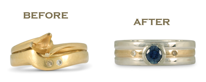 A before and after gold ring repurposing with Montana Sapphire.